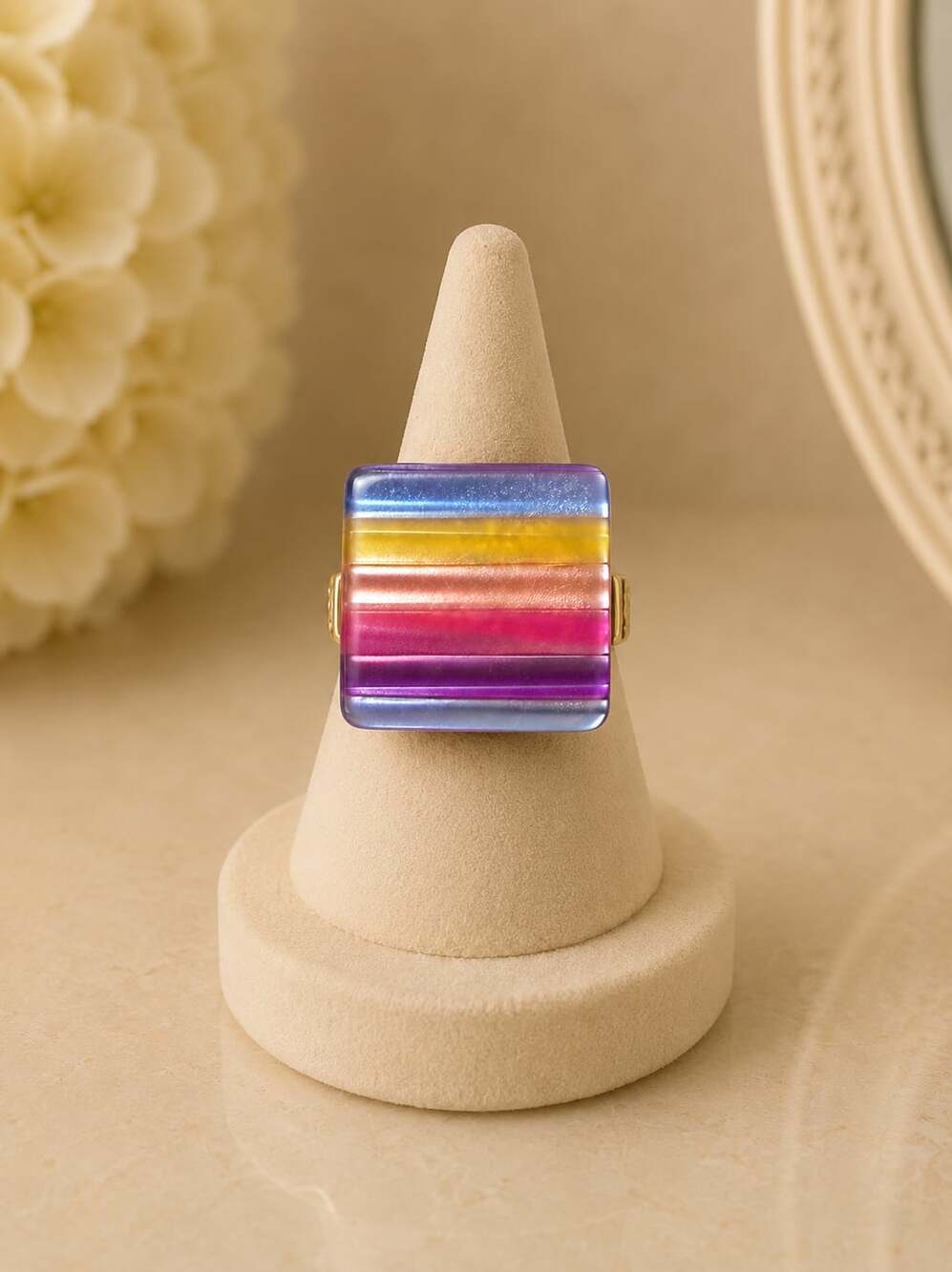Vintage Reimagined Rainbow Striped Resin Square Statement Ring